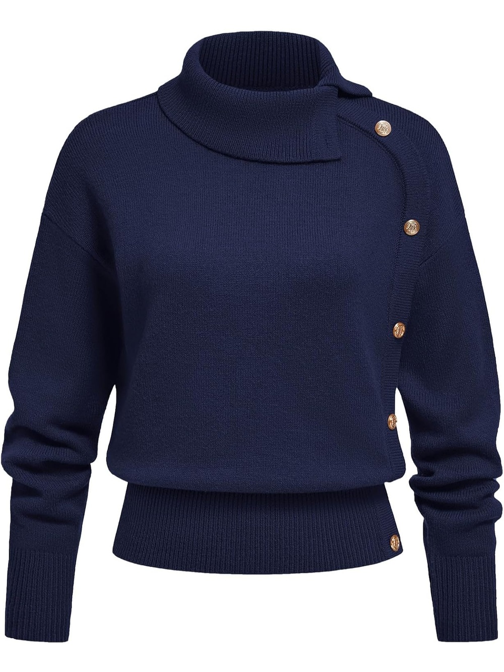 🆕 Women's Navy Long Sleeve Turtleneck Side Button Cuffs Pullover Sweater